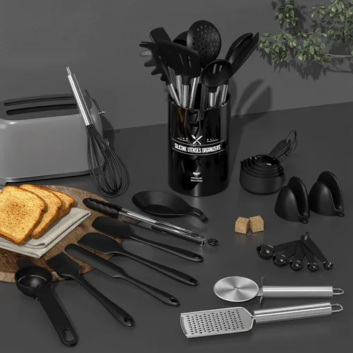 Vista 3 de Umite Chef - Juego de utensilios de cocina de silicona, 43 piezas, resistentes al calor, juego de herramientas de cocina negras con asas de acero