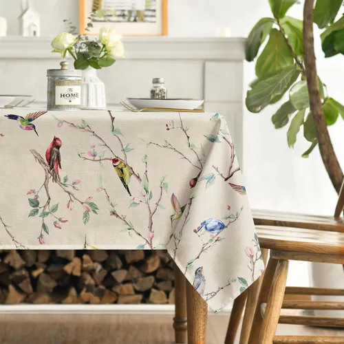 Vista 3 de Horaldaily Mantel de primavera 52×70 pulgadas rectangular, mantel con diseño de pájaros en ramas y flores beige, lavable, mantel de temporada