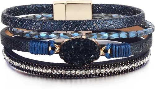 FANCY SHINY - Pulsera de cuero de estilo bohemio con cierre magnético y cuentas de cristal, regalo para mujeres, adolescentes y niñas
