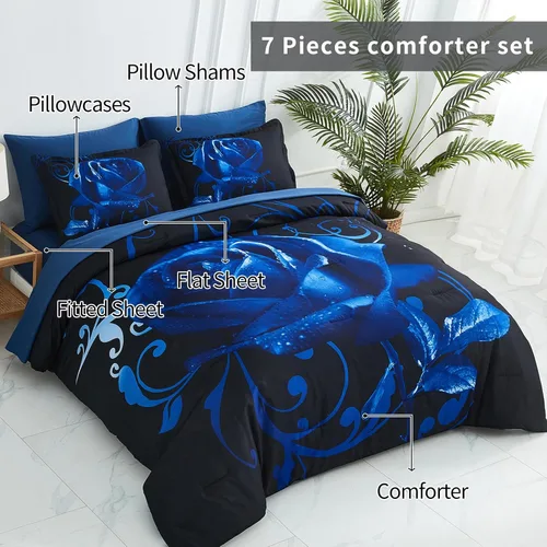 Vista 3 de Xruibed Juego de edredón azul de 7 piezas en una bolsa, juego de cama completo, edredón con diseño de rosas azules, juego de ropa de cama reversible