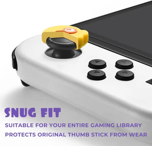 Vista 4 de FUNLAB - Tapas para palanca de mando compatibles con Nintendo SwitchOLEDLite funda de silicona para palo analógico 4 unidades amarillo y morado
