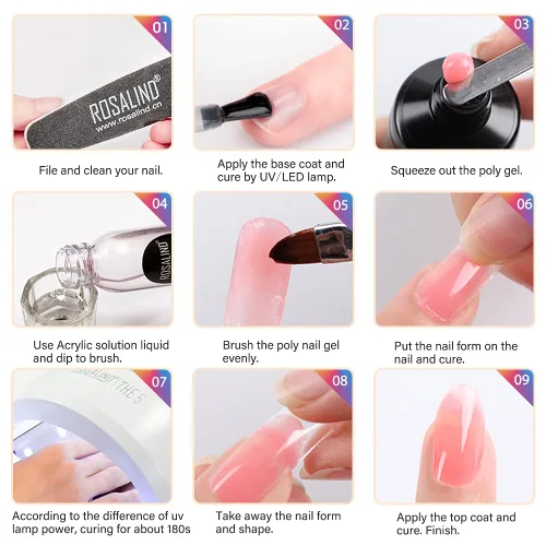 Vista 5 de ROSALIND Gel de uñas de poliéster rosa suave, gel de extensión de poliéster de 2.1 onzas líquidas para decoración de uñas, extensión engrosada