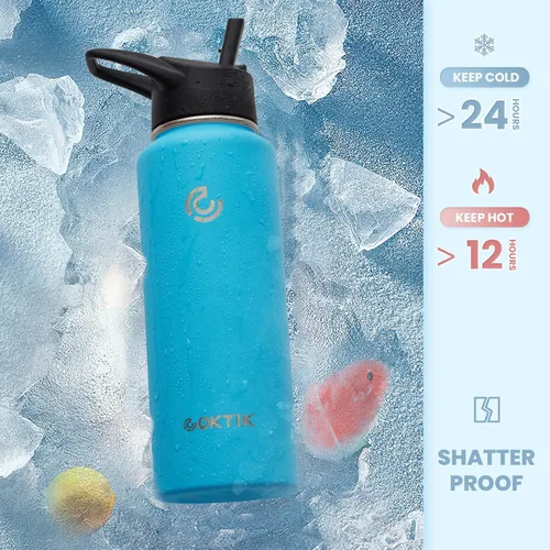Vista 3 de COKTIK Botella de agua deportiva de 40 onzas con popote, 3 tapas, botellas de agua aisladas al vacío de acero inoxidable, a prueba de fugas