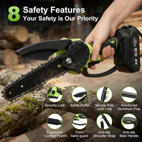Vista 8 de Sierra eléctrica de poste para podar árboles, mini motosierra de 8 pulgadas con poste de extensión, podadora de ramas de árbol a batería, sierra