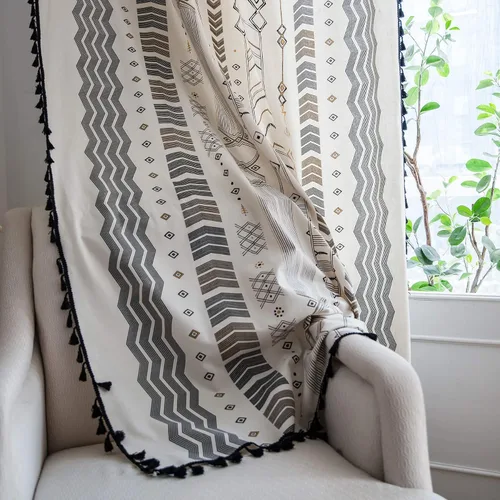 Vista 29 de VOGOL Cortinas de dormitorio de estilo bohemio, cortinas semiopacas con estampado de rayas con borlas para sala de estar, comedor, 1 panel de C4
