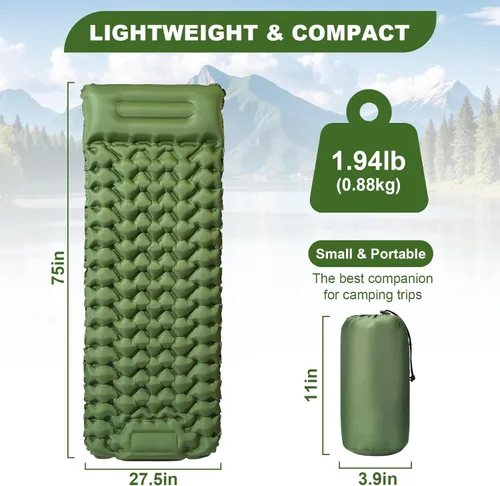 Vista 2 de Sleeping Pad,4" Thick Ultralight Sleeping Pad for Camping with Pillow & Foot Pump,Compact Inflatable Camping Mattress for Hiking Tent Road