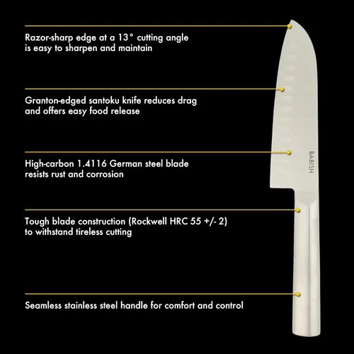 Vista 3 de Babish - Cuchillo Santoku de 6.5 pulgadas - Cuchillo de cocina alemán de acero de alto carbono 1.4116, hoja de espiga completa y afilada como una
