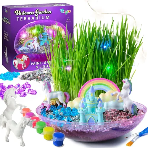 BRYTE Kit de terrario de unicornio iluminado, cúpula redonda de plástico azul y rosa, de 4 a 12 años, kit de jardín de hadas para niños con semillas