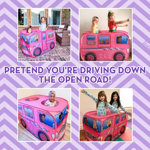 Vista 4 de Barbie Camper Pop Up Play Tent – Se pliega para fácil almacenamiento con bolsa de transporte incluida Exclusivo de Amazon – Sunny Days