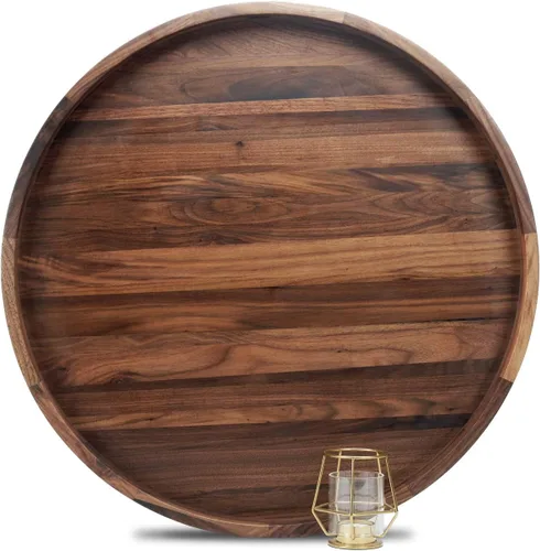 Vista 14 de Bandeja otomana redonda extragrande de 16 pulgadas, de madera de nogal negro con asas, para servir té, café o desayuno en la cama, bandeja de madera