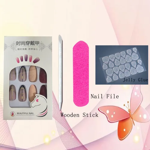 Vista 6 de Juego de 24 uñas postizas a presión con punta de almendra mediana, uñas postizas artificiales con diseño de línea de polvo dorado, cobertura