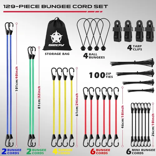 Vista 2 de Cuerdas elásticas resistentes con ganchos, 129 piezas, 18, 20, 32, 40 pulgadas, cuerda elástica de goma para exteriores, 4 clips de lona para toldo