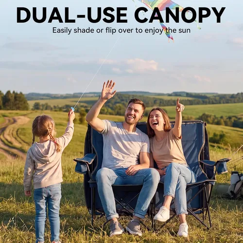 Vista 5 de Double Camping Chair with Canopy,2 Person Folding Chair with Canopy, Blue Heavy Duty Camping Chair with Two Cup Holders and Side Pocket, Portable