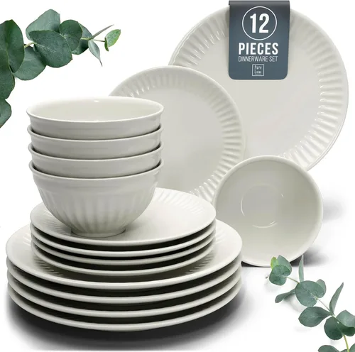 Vista 25 de Juego de vajilla de gres para 4 personas 12 piezas – Juego de platos y cuencos negros mate – Apto para lavavajillas, microondas y resistente a