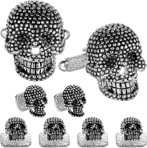 Cufflinks for Men with Tuxedo Studs in Gift Box, Gold or Silver Tone Skull Cuff links for Black Bow tie Navy Blue Suit White Shirts Mens Jewelry or