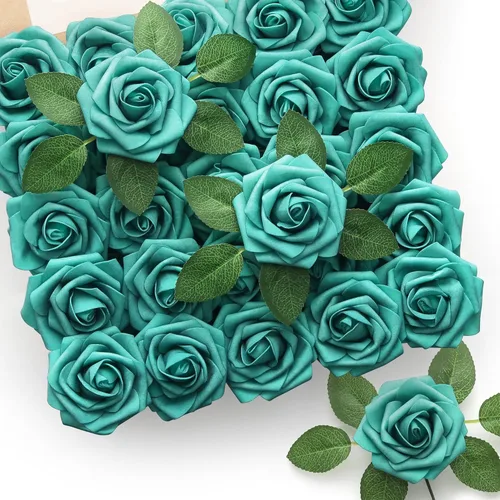 Vista 15 de Mocoosy - 50 unidades de rosas artificiales negras, rosas falsas para decoraciones, rosas de espuma de tacto real a granel con tallos para ramos