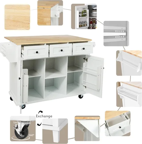Vista 41 de P PURLOVE Carrito de isla de cocina con parte superior de madera y ruedas de bloqueo, carrito móvil de isla de cocina con armario de 4 puertas