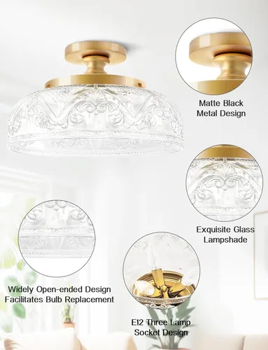 Vista 5 de Lámpara de Techo Semiempotrada, Accesorio de Iluminación de Techo Dorado Grande de 12 Pulgadas, 3 Luces con Globo de Vidrio Estilo Casa de Campo