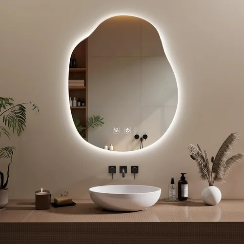 Vista 9 de Espejo de baño LED asimétrico con luces, espejo de pared de baño irregular, espejo de tocador para pared con retroiluminación/antiniebla/iluminación