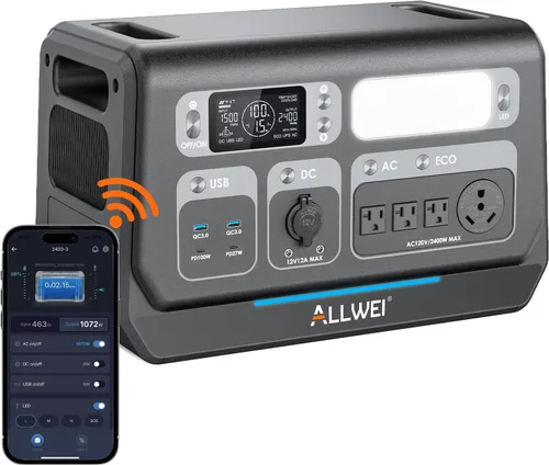 ALLWEI Estación de energía LiFePO4 de 2400 W, generador solar de 2048 Wh con carga de CA de 1500 W y carga solar de 1200 W, expandible a 10.24 kWh,