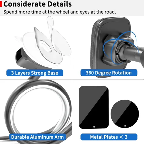 Vista 6 de APPS2Car Magnetic Phone Holder for Car, Anti-Shake Dashboard & Windshield Phone Mount for Truck [Flexible Long Arm], Gooseneck Car Phone Holder