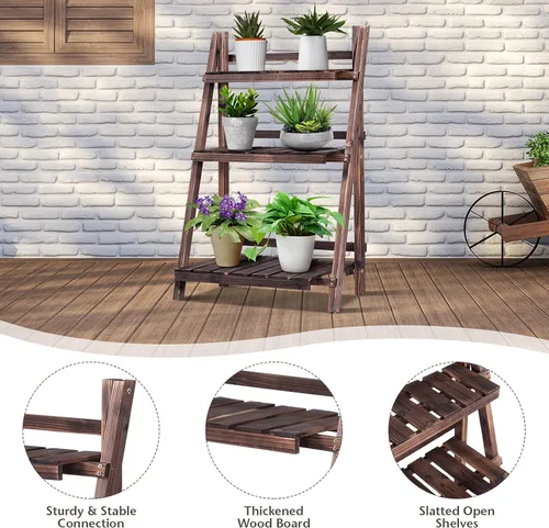 Vista 4 de Giantex 3 Tier Folding Wooden Plant Stand, Indoor Flower Pot Holder Display Rack, Free Installation Corner Plants Storage Shelf, Foldable Rustic