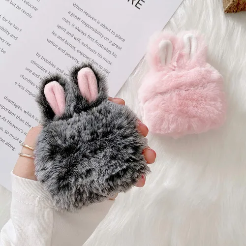Vista 5 de Guppy Compatible con AirPods Pro 2 - Funda de conejo peludo para niñas, caricaturas 3D, lindas orejas de conejo, funda de transporte mullida