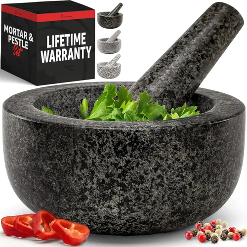 Priority Chef Juego de Mortero y Mano de Mortero de Alta Resistencia, 1.5 Tazas, 100% Granito, Base Antideslizante, Haga Guacamole Fresco, Salsa,