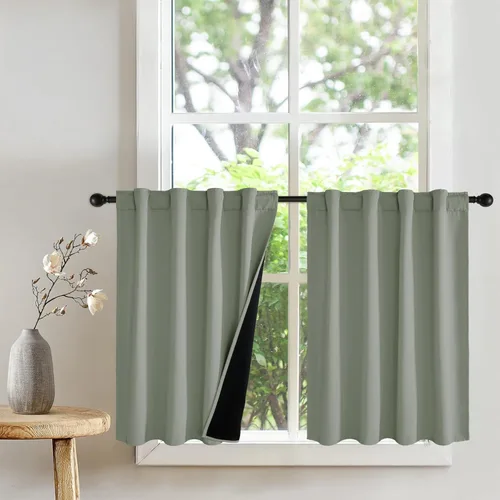 Vista 18 de PONY DANCE Cortinas opacas 100% cortas de 24 pulgadas de largo, medias cortinas con aislamiento térmico para ventanas pequeñas con parte trasera