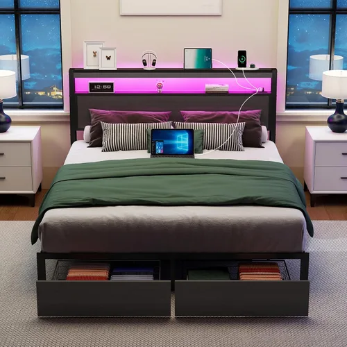 Vista 8 de SADENICEL Base de cama Queen con cabecera de almacenamiento y 2 cajones, marco de cama de plataforma de metal con luz LED, estación de carga,