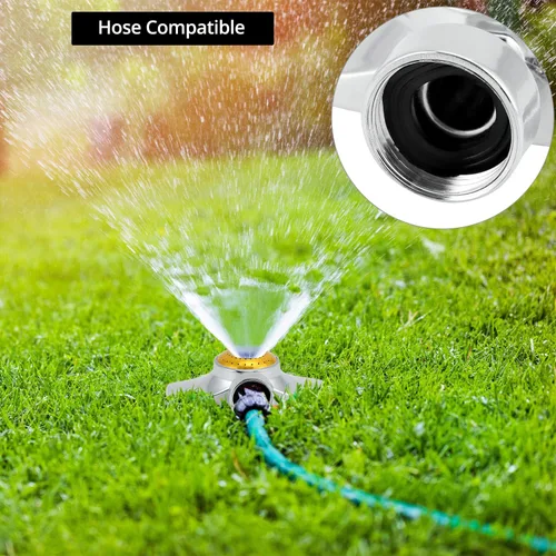 Vista 5 de QWORK Paquete de 2 rociadores de metal de 360 grados, diseño circular resistente con flujo de agua ajustable, cobertura de hasta 30 pies