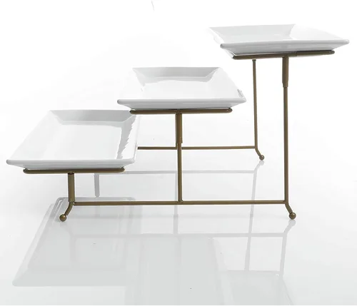 Vista 2 de Soporte con 3 niveles de bandejas rectangulares para mostrar y servir postres y otros alimentos, color blanco