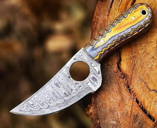 Vista 6 de Ancilla - Cuchillo de caza de Damasco hecho a mano para EDC, camping, venado, cuchillo de bolsillo mini con tanga completa, hoja fija