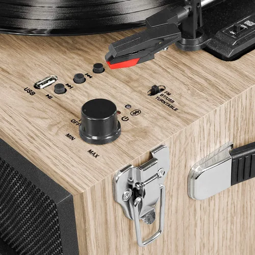 Vista 4 de Victrola Liberty - Tocadiscos Bluetooth 5 en 1 con transmisión de vinilo, radio FM, reproducción USB, altavoces integrados, uso como soporte