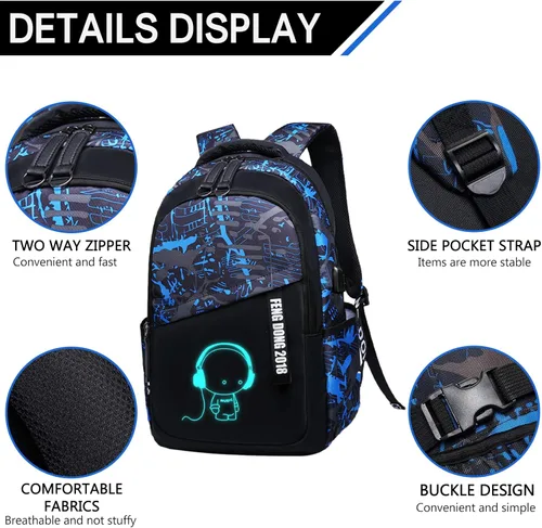 Vista 6 de Mochila para niños, mochila para laptop de 15.6 pulgadas con puerto de carga USB, bolsa de libros para la escuela