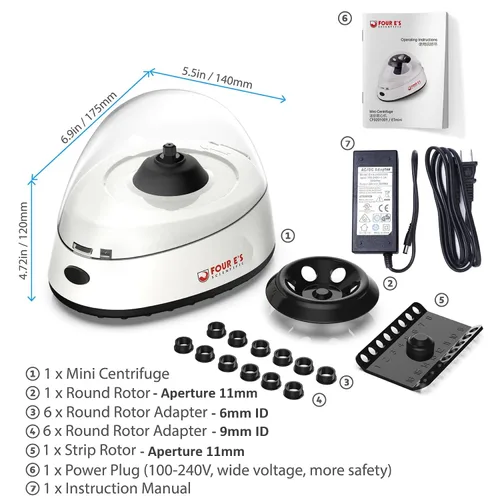 Vista 6 de FOUR E'S SCIENTIFIC Mini centrífuga 5400rpm, 2000 x g RCF con 2 rotores intercambiables para capacidad de tubo de 0.2/0.5/1.5/2 mL - NO