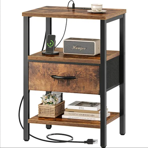 Vista 18 de SUPERJARE - Mesita de noche con estación de carga, con cajón de tela ajustable, para dormitorio, mesa auxiliar de almacenamiento de 3 niveles