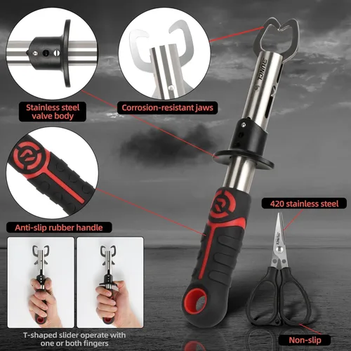 Vista 4 de RUNCL - Juego de herramientas de pesca de 4 piezas, alicates de pesca, cuchillo de filete de pescado con afilador, pinza de labios de pescado