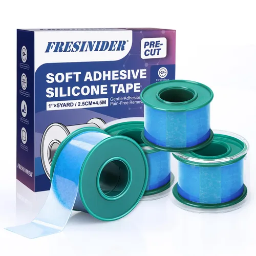 Vista 11 de FRESINIDER Cinta Médica de Silicona – 1" x 1.5 Yarda Azul 2 Rollos, Precortada, Impermeable y Reposicionable, Remoción sin Dolor, Adhesivo