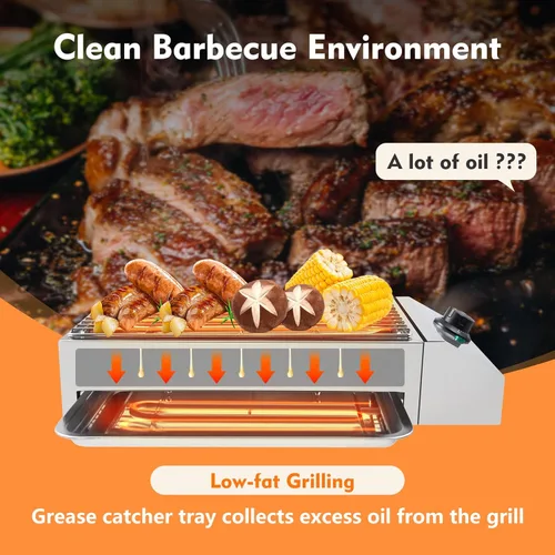 Vista 3 de Horno de barbacoa de parrilla sin humo eléctrico comercial de 1800 W, equipo de barbacoa de acero inoxidable con bandeja de goteo extragrande, 122
