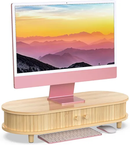 Soporte de bambú para monitor con almacenamiento, soporte curvo para computadora portátil, organizador de estante de escritorio con puertas