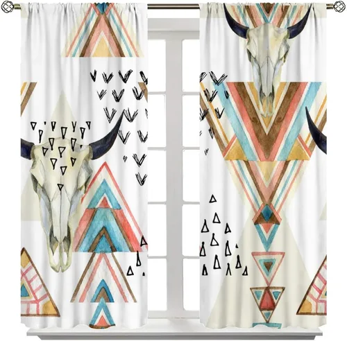 Vista 58 de Cortinas con patrón geométrico tribal, estilo suroeste, azteca, rústico, occidental, nativo americano, opacas, con bolsillo para barra, decoración