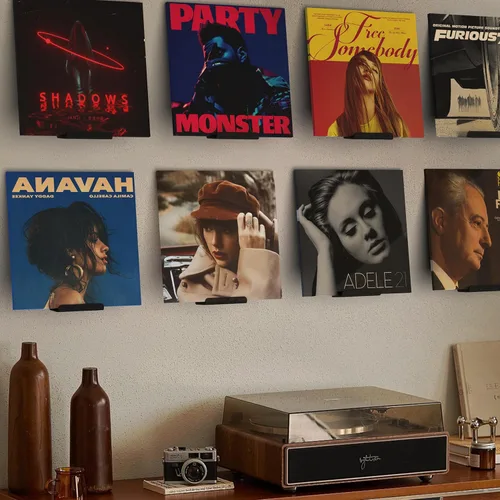 BLOLYO Estante de vinilo negro para montaje en pared, 8 unidades, soporte para discos de acrílico, soporte para discos de vinilo y exhibición de
