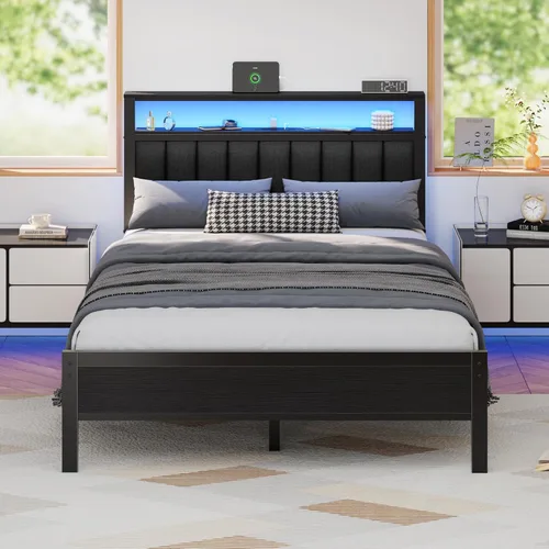 Vista 13 de Furnulem - Base de cama tamaño individual con estación de carga y luces LED, plataforma con listones de metal, cabecera tapizada gris con estantes