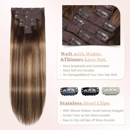 Vista 3 de Sisily - Extensiones de cabello con clip de cabello humano real, 30 cm 70 g, balayage de marrón chocolate a rubio, 100% cabello humano Remy