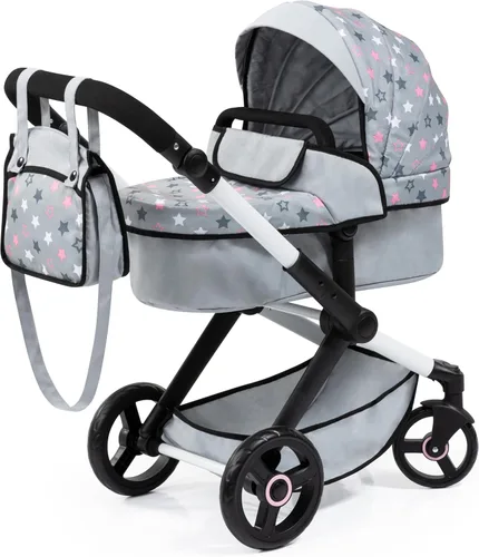 Bayer Muñecas de diseño: cochecito Xeo - Gris, rosa, estrellas - Incluye bolsa de hombro, se adapta a muñecas de hasta 18', convertible a una