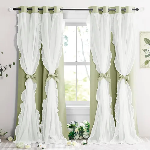 Vista 12 de PONY DANCE Cortinas con Volantes de Doble Capa con Superposición Transparente, Decoración Elegante para Ventanas de Diseño Rústico Francés de Campo