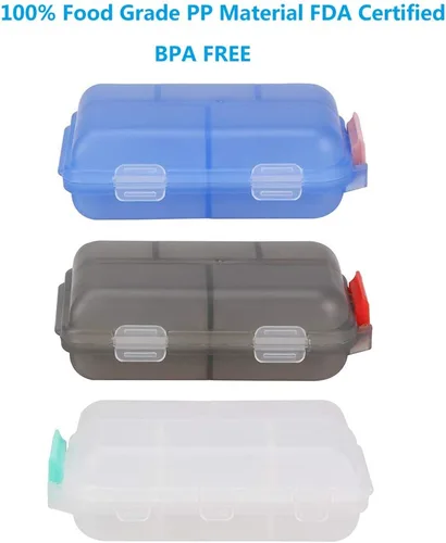 Vista 3 de Pastillero (paquete de 3) – Caja portátil de suplementos pequeños con 10 compartimentos – Cápsula de medicina plegable de vitamina