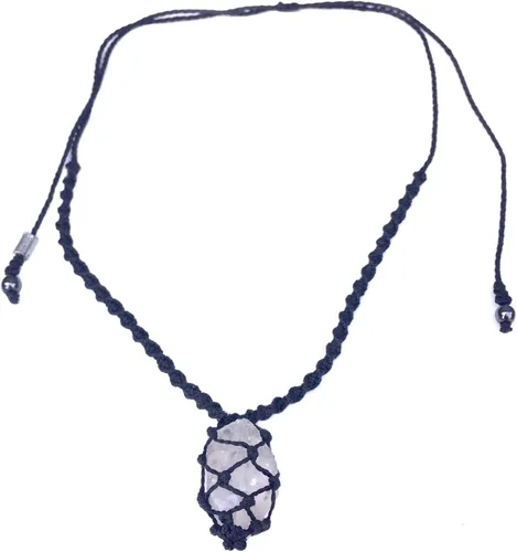 Vista 5 de Men's Surfer Necklace with Tumbled Quartz Stone and Hematite in Black - Handmade Knotted Macrame Healing Stone Jewelry