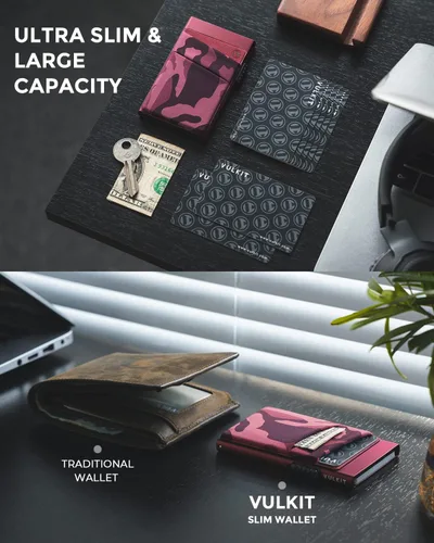 Vista 2 de VULKIT Cartera desplegable para tarjetas de crédito con bloqueo RFID, funda delgada de aluminio de metal con bolsillo para dinero para tarjetas